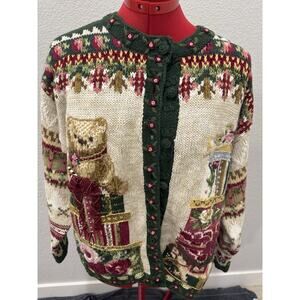 Vtg Casual Corner Christmas Sweater Teddy Bear Grandma/teacher Cabincore Size M